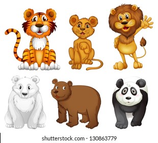 Illustration of the six wild animals on a white background