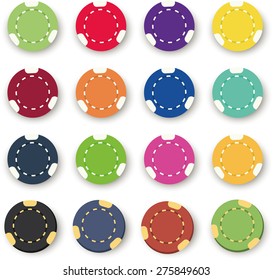 Illustration of the  sixteen colorful poker chips on a white background