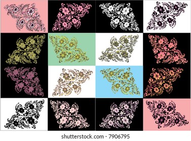 illustration with sixteen different color floral decoration