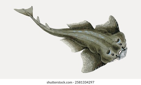 Illustration of a skate fish with a flat body and long tail. Skate fish have unique features, with their flat body and distinctive long tail. Skate fish illustration. Vintage fish illustration vector.