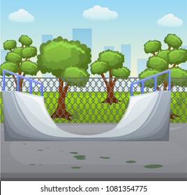 Illustration Of A Skate Park With Roller. Skate Ramp On A Skate Arena. Skatepark In A City. Vector Illustration