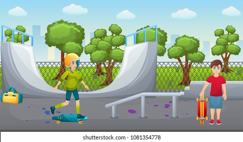 Illustration of a skate park with roller. Teenager playing in a skatepark. Skate ramp and roller on a skate arena. Skatepark in a city. Modern hobby activity. Vector illustration