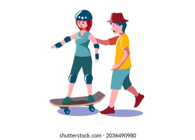 Illustration Of Skateboard Balancing Class For Newbie. An Instructor Of Skatboard Is Teaching His Student To Riding On Surfskate. A Woman Is Training Extreme Sport With Wearing Safety Gear.