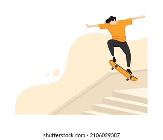 Illustration Of Skateboarder Jumping On Stairs.