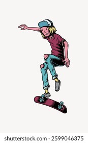 Illustration of a skateboarder mid-jump. The skateboarder wears a cap and casual clothes, showcasing a dynamic skateboarding pose with vibrant colors. Doodle illustration vector.