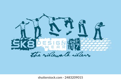 Illustration of a skateboarder silhouette performing a trick sequence. Art in composition with lettering.