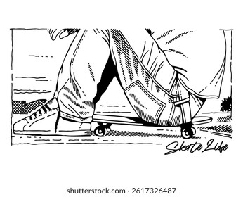 Illustration of a skateboarder taking a break. Close-up art.