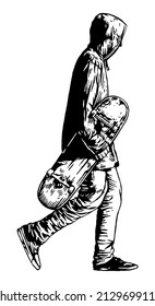 Illustration of skateboarder walking. Art in simple and stripped lines.