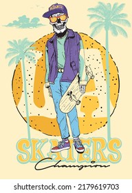 Illustration Of Skater Skull, Circle Sun With Palm Tree And Nice Typograpy.