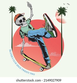 


illustration of skater skull, showing acrobatic style jumps on a wheeled board, in a palm beach on holiday and having fun.