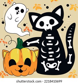 Illustration of skeleton cat and funny halloween pumpkin against beige background.