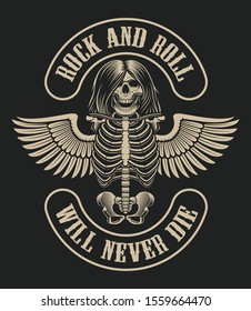 Illustration With A Skeleton Character With Wings In Vintage Style On A Dark Background On The Theme Of Rock Music.