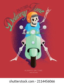 Illustration Of A Skeleton Delivery Boy, On A Scooty Bike, Wearing Helmet And Waving Hand , On Red And Magenta Back Ground.