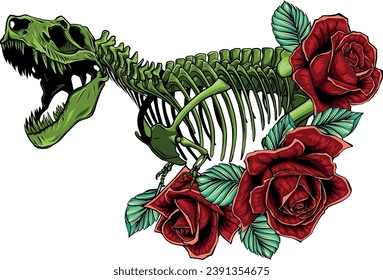 Illustration of skeleton of Dinosaur Tyrannosaurus Rex with roses and leaves