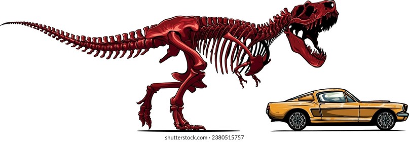 illustration of skeleton dinousaur follow car