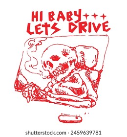 illustration of a skeleton driving, very suitable for underground and horror music merchandise purposes.