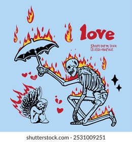 illustration - skeleton Fire Rain love and of despair climbed into the loop