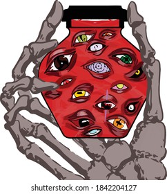 Illustration of skeleton hand holding jar full of eyes in vector