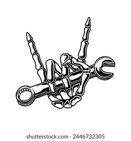 Illustration of a skeleton hand with mechanic's wrench. Vector design element