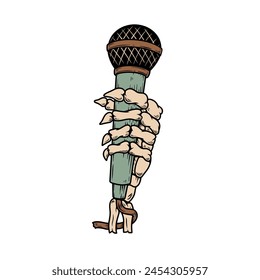 Illustration of skeleton hand with microphone. Vector illustration