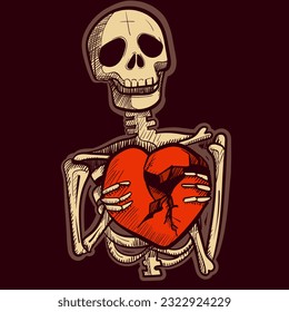 Illustration of a skeleton holding a broken heart in his hands. Vector of a dead gothic human with bones being sad and depressed.