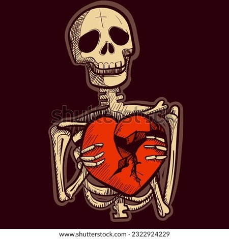 Illustration of a skeleton holding a broken heart in his hands. Vector of a dead gothic human with bones being sad and depressed.