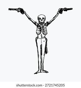 Ilustração de um esqueleto segurando armas. Esqueleto com armas, ousado e impressionante. Armas e tema de esqueleto, preto e branco estilo de esboço. Vintage esqueleto humano em vetor.