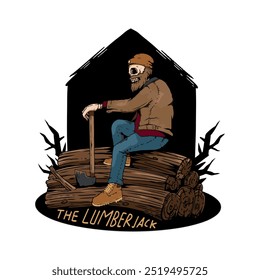 illustration of a skeleton lumberjack sitting on a pile of logs holding a wood chopping ax