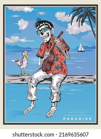 Illustration of a skeleton on a nice sunny day sitting in a palm beach jetty, wearing color full floral shirt, white trouser, sunglass, holding a musical instrument, singing for the seagull, 
