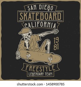 Illustration of the skeleton on the skateboard. Vector illustration. T-shirt or poster design.