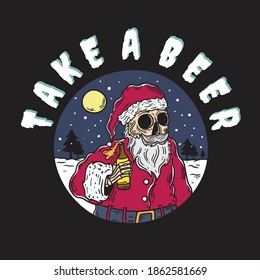 Illustration of a skeleton Santa Claus carrying beer on a snowy night