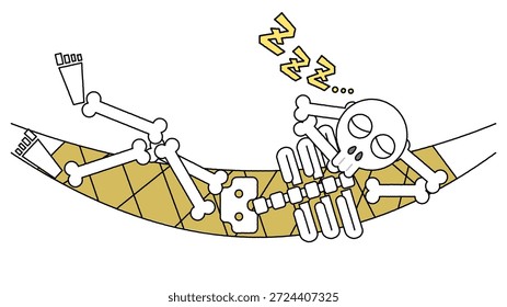 Illustration of a skeleton sleeping in a hammock.
