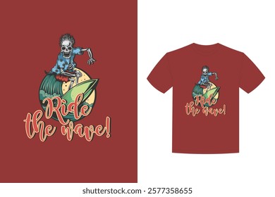 illustration skeleton surfing board t shirt design