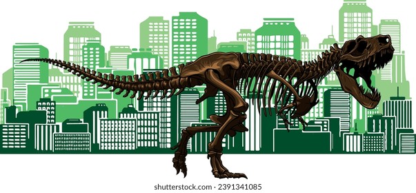 illustration of skeleton of tyrannosaurus on city in background