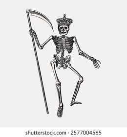 Illustration of a skeleton wearing a crown, holding a scythe. The skeleton, with a crown and scythe, symbolizes death. Crowned skeleton with scythe in hand. Vintage art drawing illustration vector.