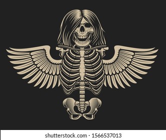 Illustration of a skeleton with wings on a dark background.