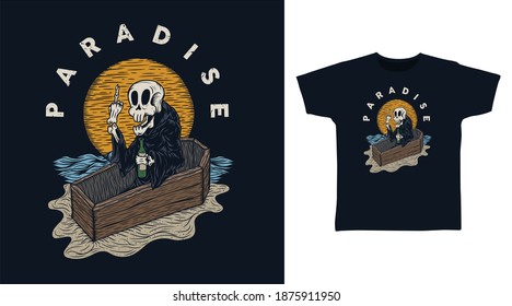 Illustration skeleton in wood casket detailed vector t-shirt design