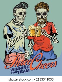 illustration of to Skelton, cheering with beer, wearing t shirt and shorts , with nice hairstyle, and beard. 