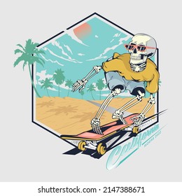 Illustration of Skelton, skull skating on beach , with a nice background with sky ,sun and palm tree.