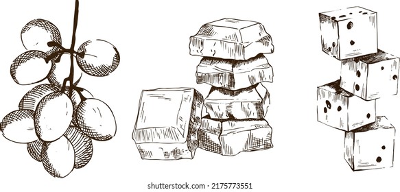 Dibujo ilustrativo apetitoso para vino. Ilustración del vector