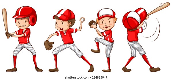 Illustration of a sketch of the baseball players in red uniform on a white background    