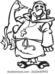 ilustração esboço caricatura silhueta de monge padre levantar pato