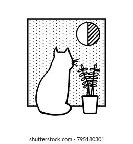 Illustration of a sketch of a cat looking out the window. Doodle vector hand-drawn picture. Monochrome  Logo of Cat.
