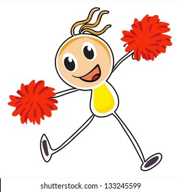 Illustration of a sketch of a cheerleader with red pompoms on a white background