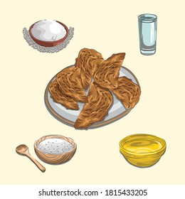 Illustration sketch combine vector style of cakes keukarah and ingredients khas aceh,Indonesia. Good to use for restaurant menu, Indonesian food recipe book and food content.
