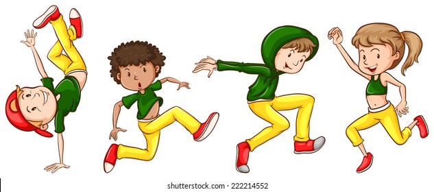 Illustration of a sketch of the dancers with green and yellow outfits on a white background 