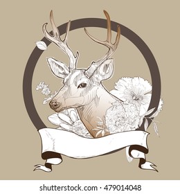 illustration sketch of deer whit flowers. deer vintage logo design.