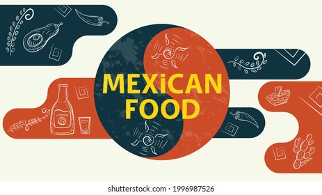 Illustration sketch for the design of a balance sign with the inscription Mexican food, sun, a bottle of tequila, cactus chili pepper