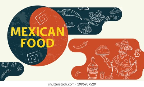 Illustration sketch for the design of a balance sign with the inscription Mexican food, a man in a sombrero holding a taco tortilla on a tray, a bottle of tequila chili pepper