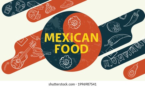Illustration sketch for the design of a balance sign with the inscription Mexican food, musical instrument guitar, cacti flowers, chili pepper